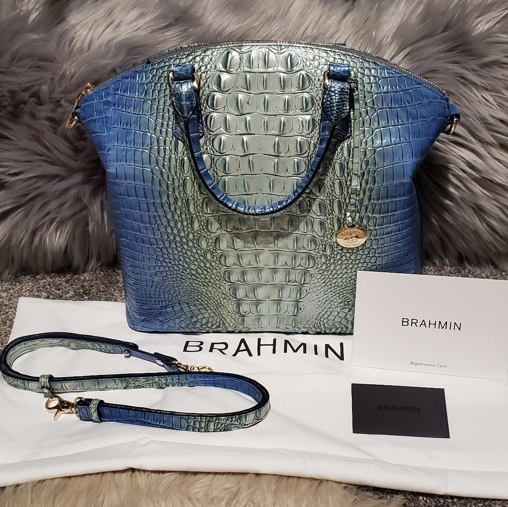Brahmin Blue and Green Croc-Embossed Satchel